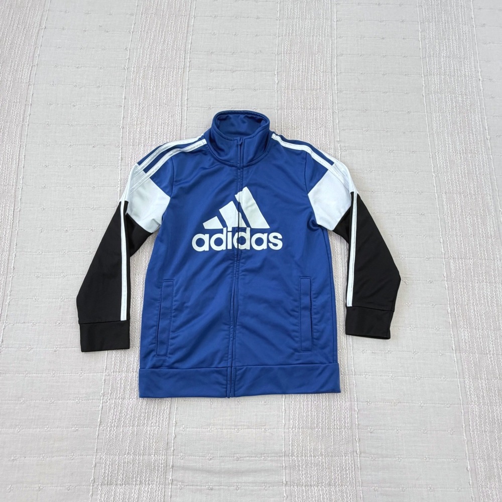 Adidas Track Jacket Boys 7 Blue Black White Full Zip Logo Stripe
